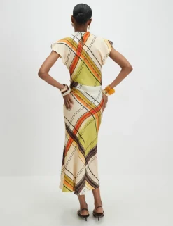 Checked Cowl Neck Midi Column Dress