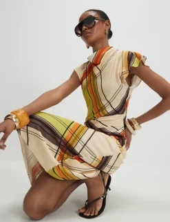 Checked Cowl Neck Midi Column Dress