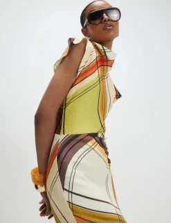 Checked Cowl Neck Midi Column Dress