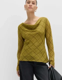 Checked Cowl Neck Top