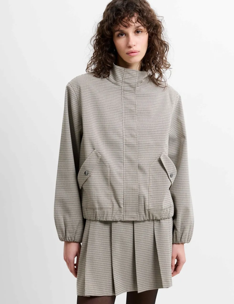 Checked Funnel Neck Bomber Jacket