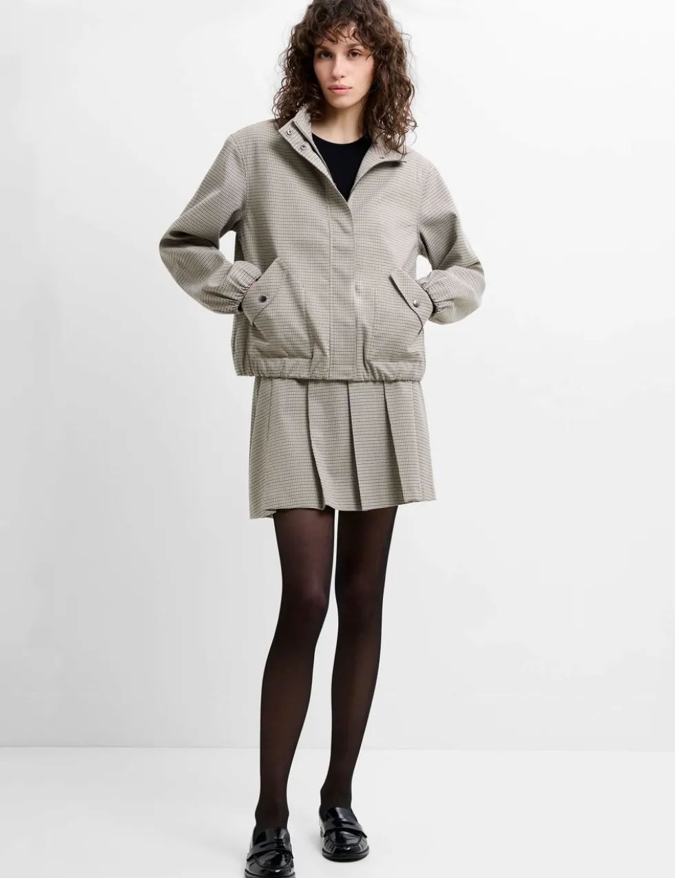 Checked Funnel Neck Bomber Jacket