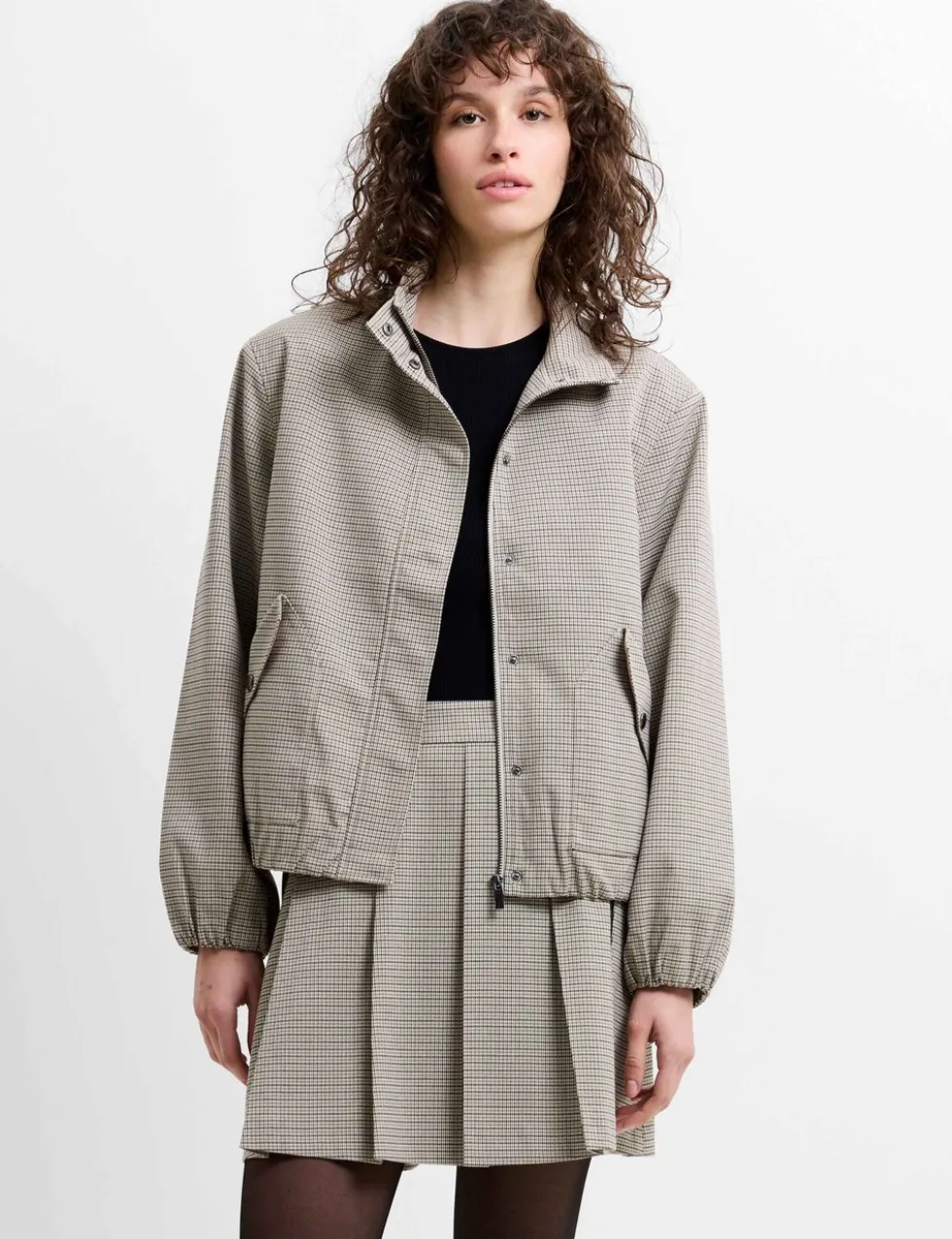 Checked Funnel Neck Bomber Jacket