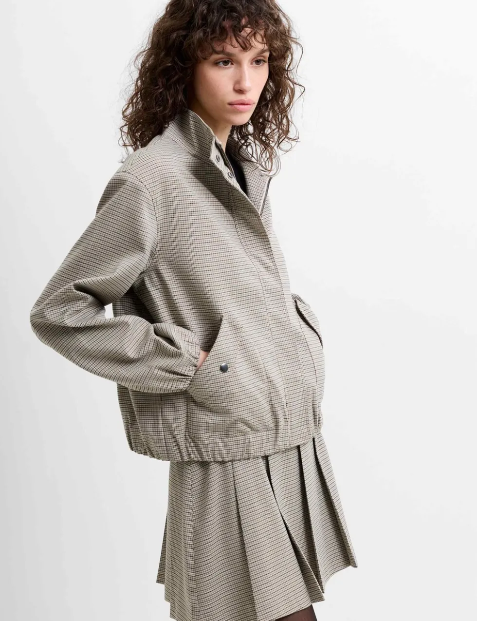 Checked Funnel Neck Bomber Jacket