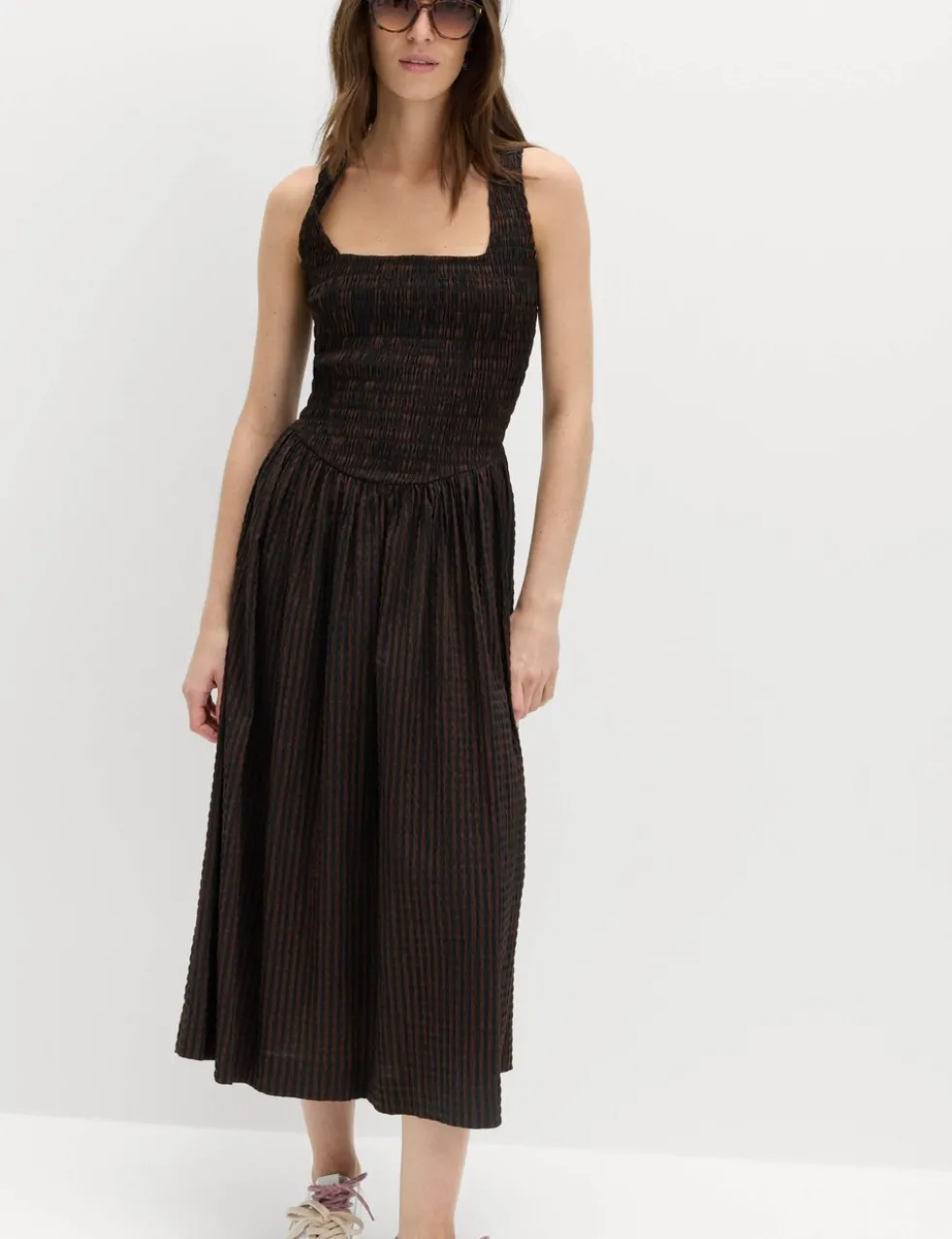 Checked Shirred Bodice Midi Skater Dress