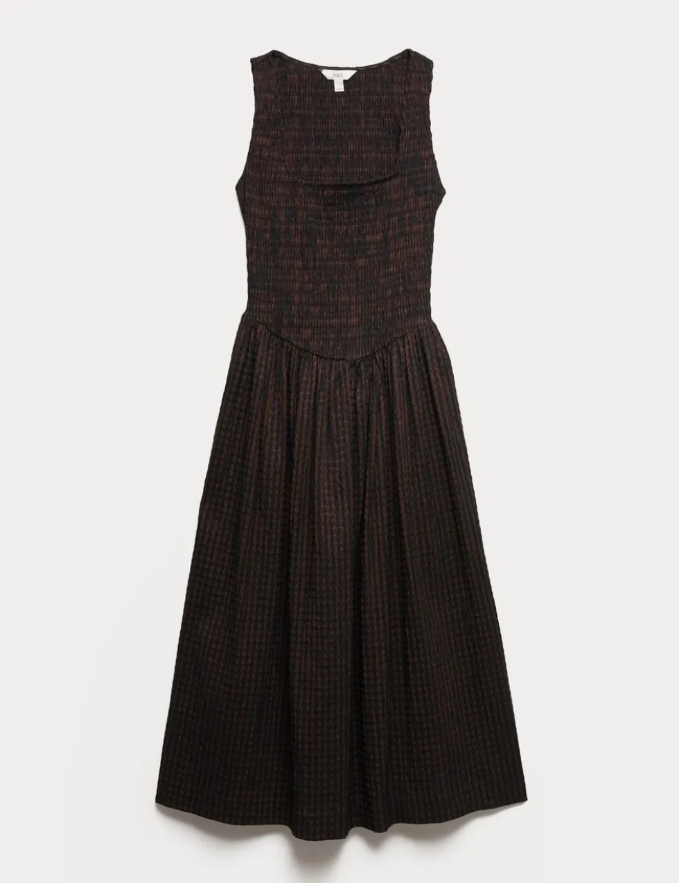 Checked Shirred Bodice Midi Skater Dress