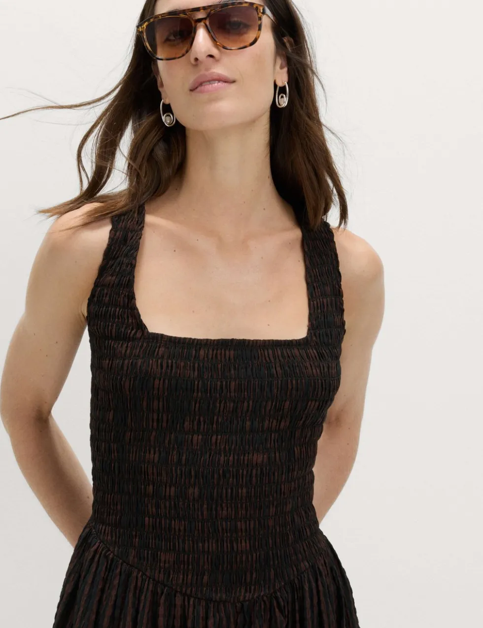 Checked Shirred Bodice Midi Skater Dress