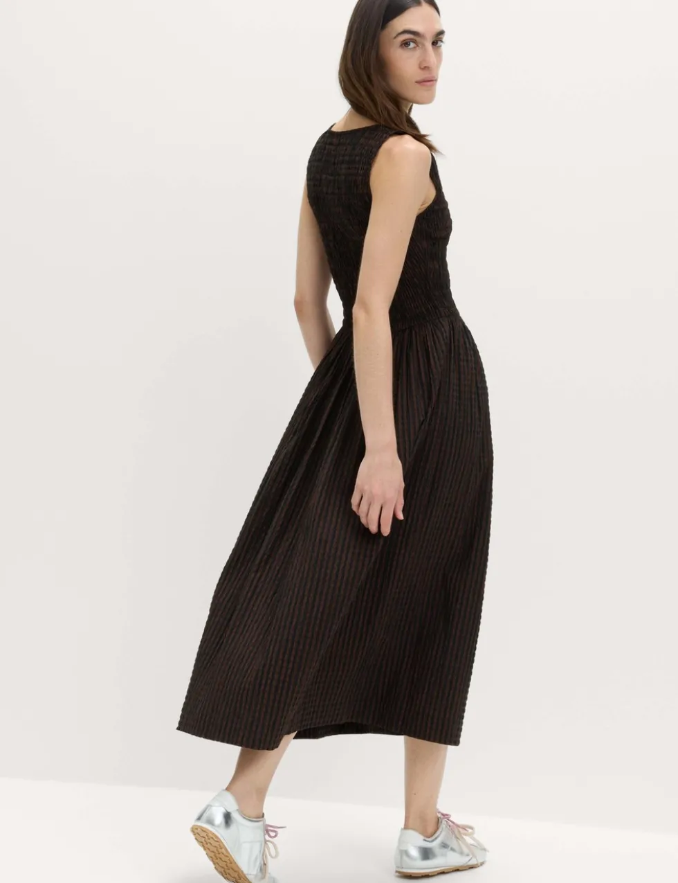 Checked Shirred Bodice Midi Skater Dress