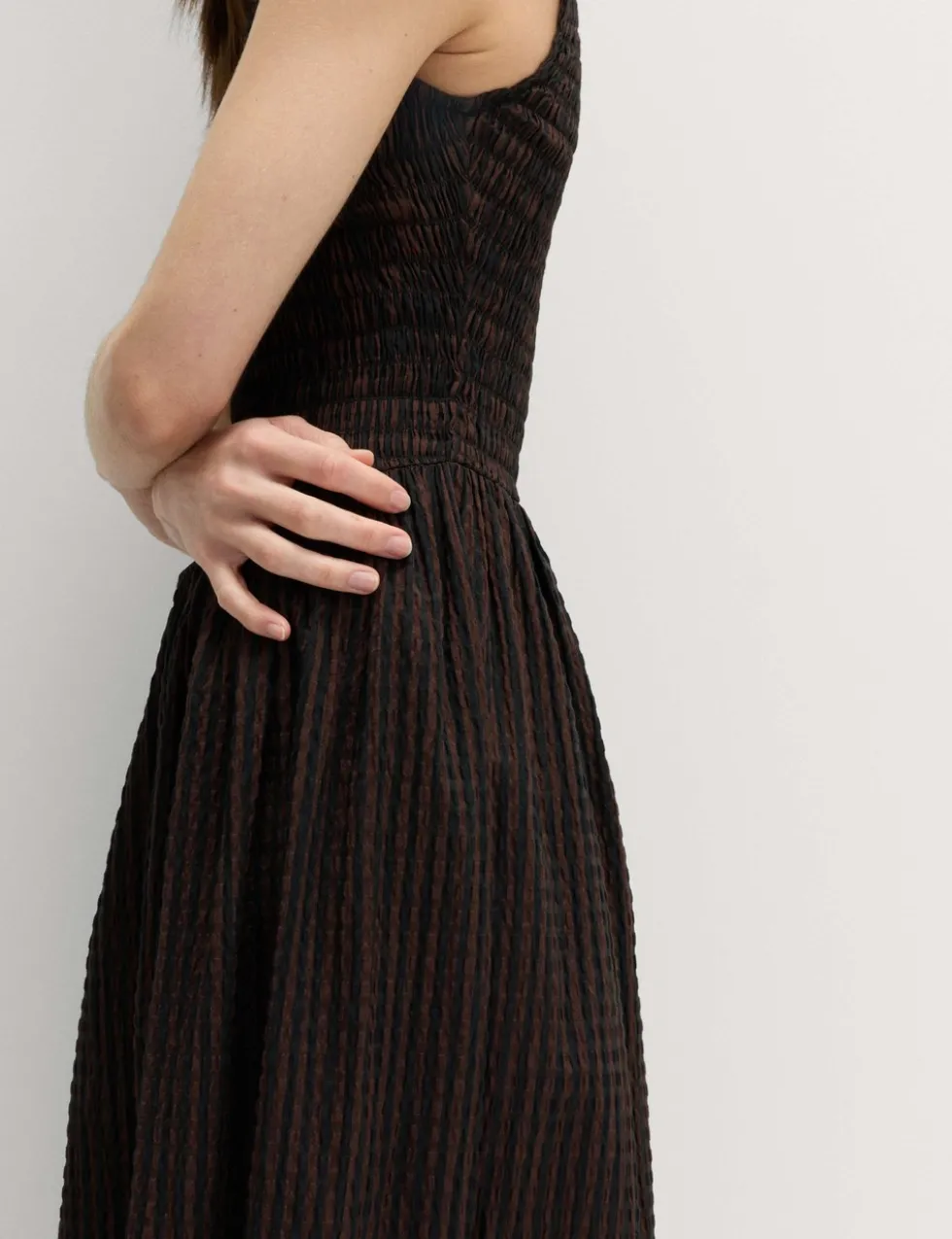 Checked Shirred Bodice Midi Skater Dress