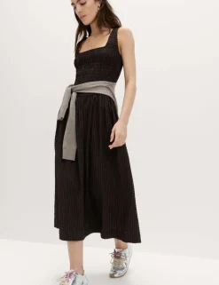 Checked Shirred Bodice Midi Skater Dress