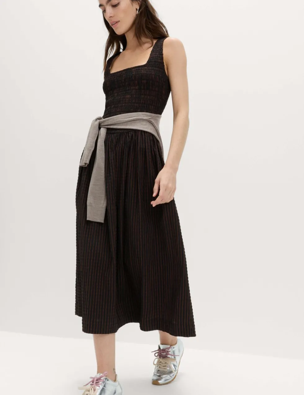 Checked Shirred Bodice Midi Skater Dress