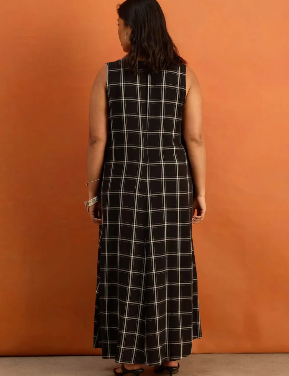 Checked V-Neck Maxi Smock Dress