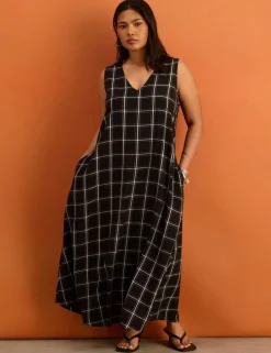 Checked V-Neck Maxi Smock Dress