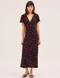 Cherry Print V-Neck Midaxi Waisted Dress