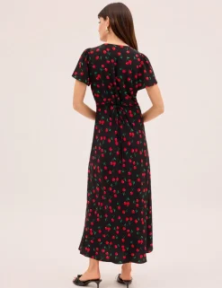 Cherry Print V-Neck Midaxi Waisted Dress