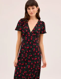 Cherry Print V-Neck Midaxi Waisted Dress