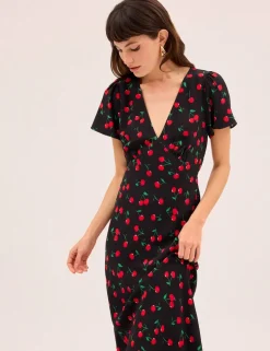 Cherry Print V-Neck Midaxi Waisted Dress
