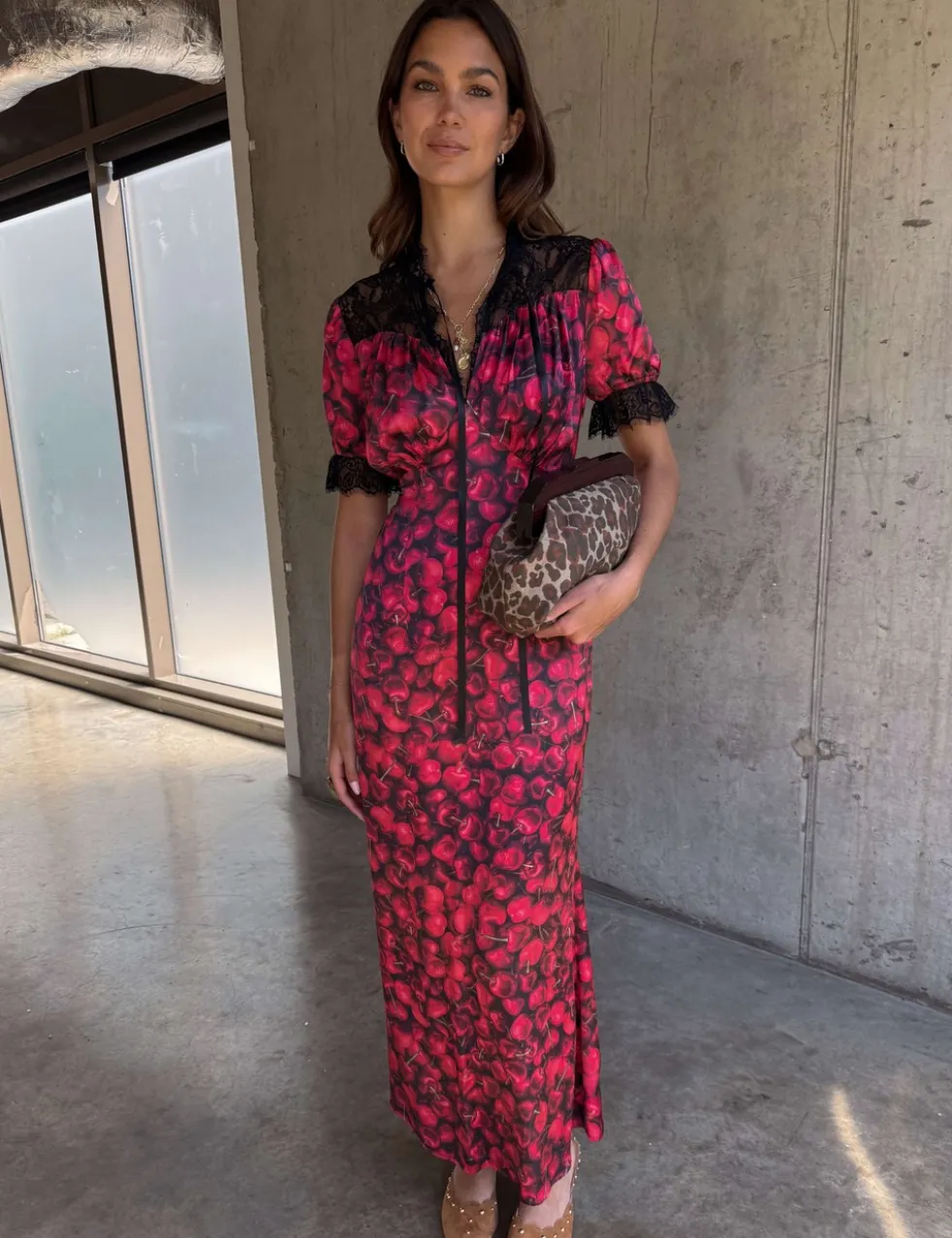 Cherry Print V-Neck Midaxi Column Dress