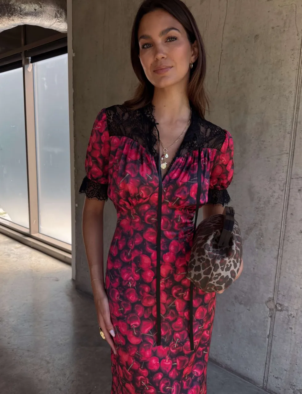 Cherry Print V-Neck Midaxi Column Dress