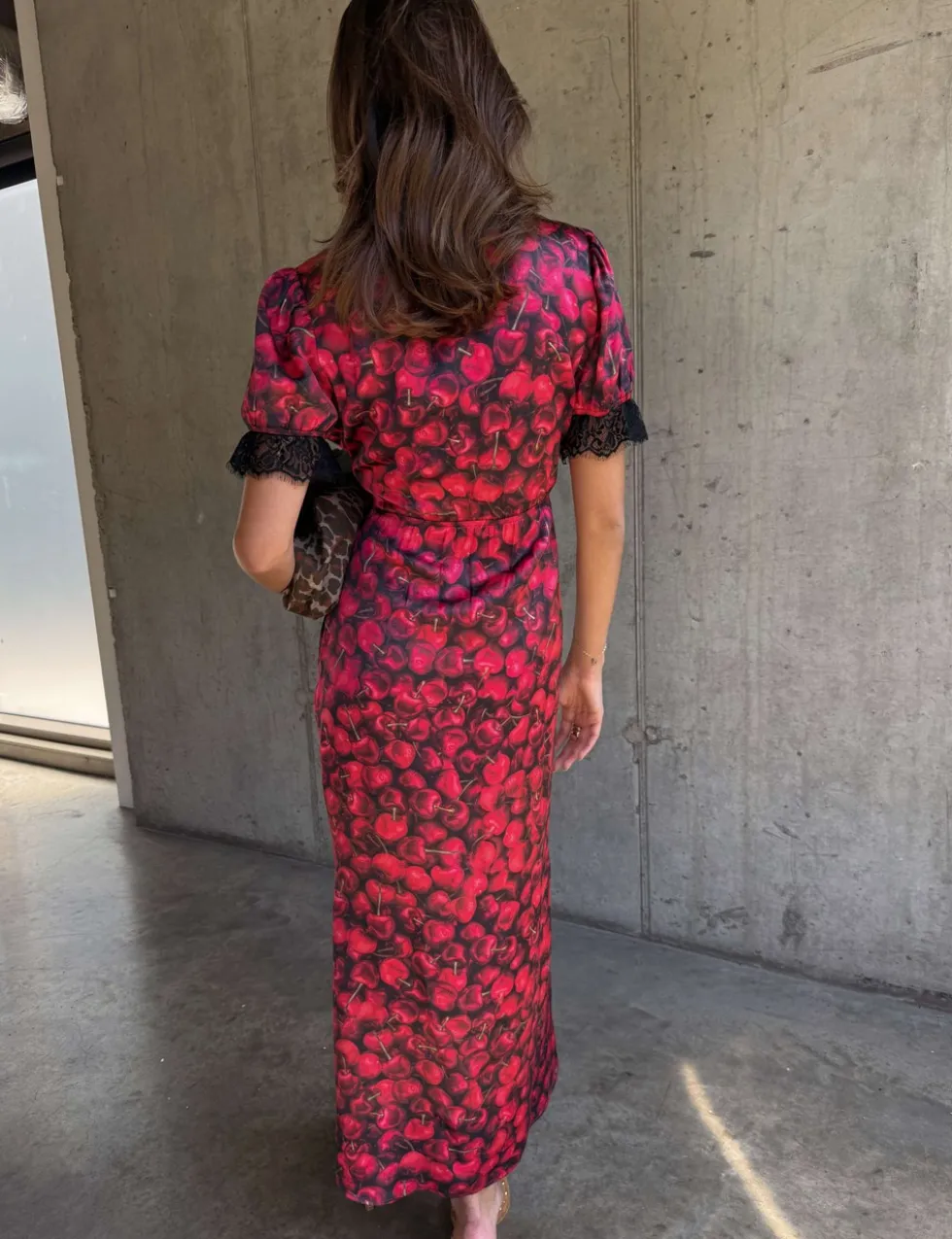 Cherry Print V-Neck Midaxi Column Dress
