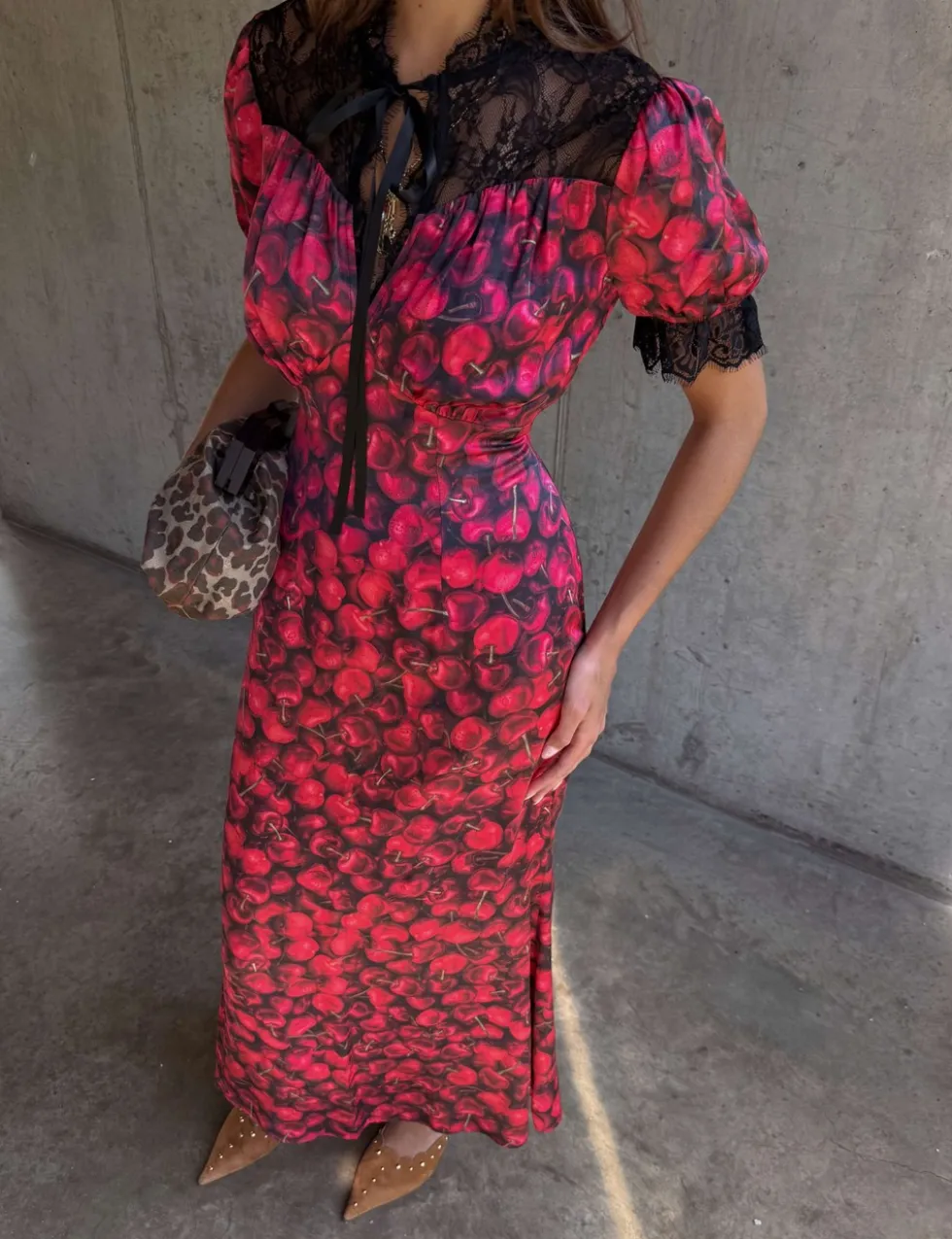 Cherry Print V-Neck Midaxi Column Dress