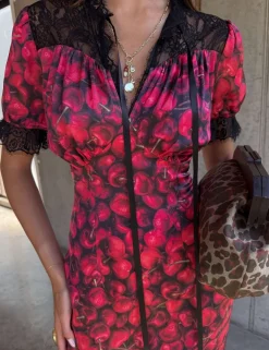 Cherry Print V-Neck Midaxi Column Dress