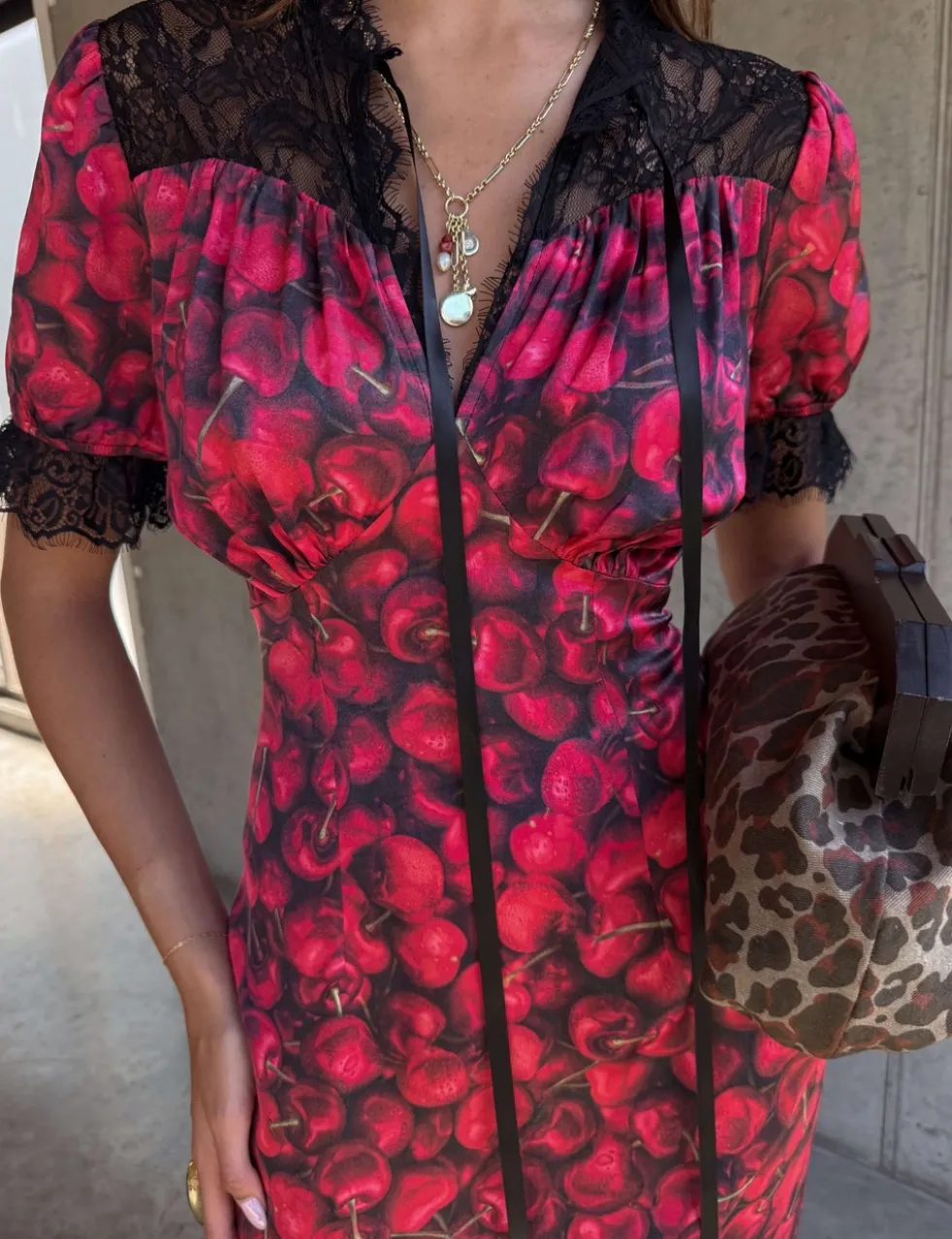 Cherry Print V-Neck Midaxi Column Dress