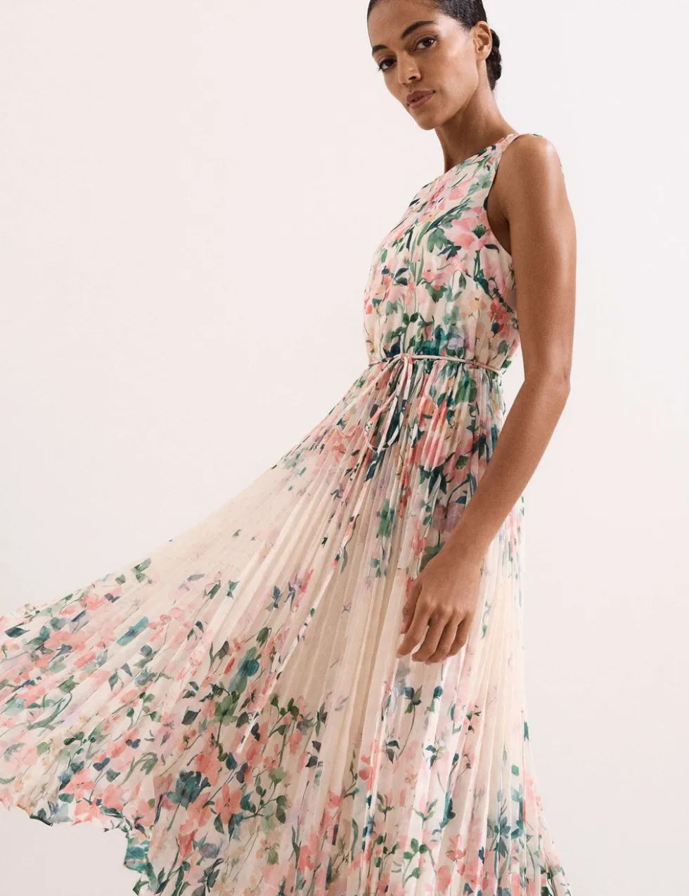 Chiffon Floral Pleated Midi Tea Dress
