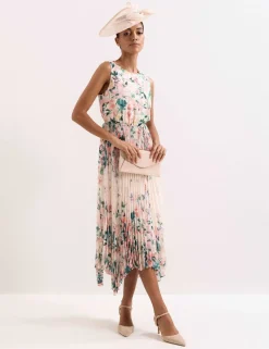 Chiffon Floral Pleated Midi Tea Dress