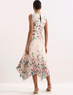 Chiffon Floral Pleated Midi Tea Dress