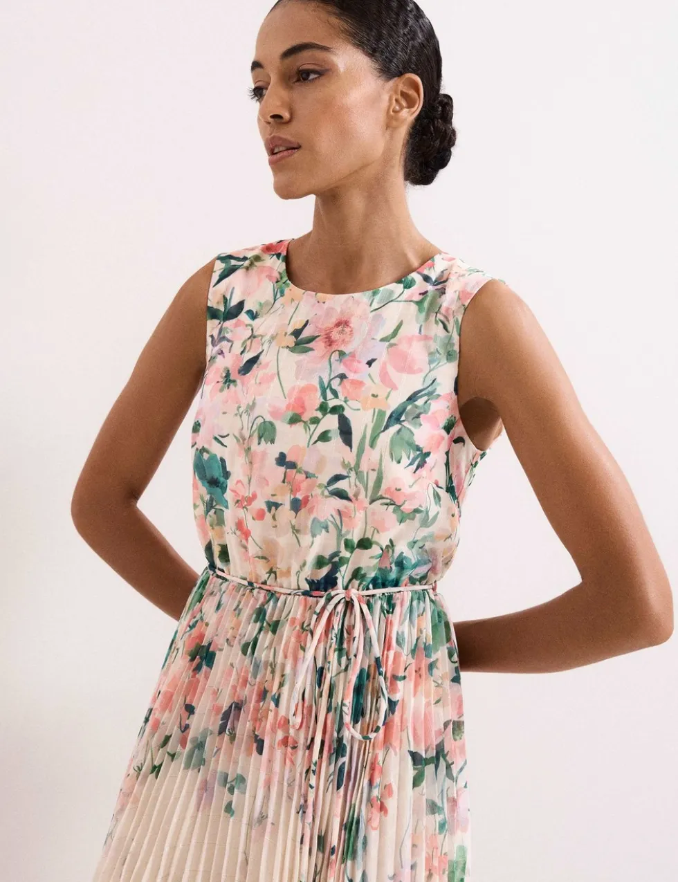 Chiffon Floral Pleated Midi Tea Dress
