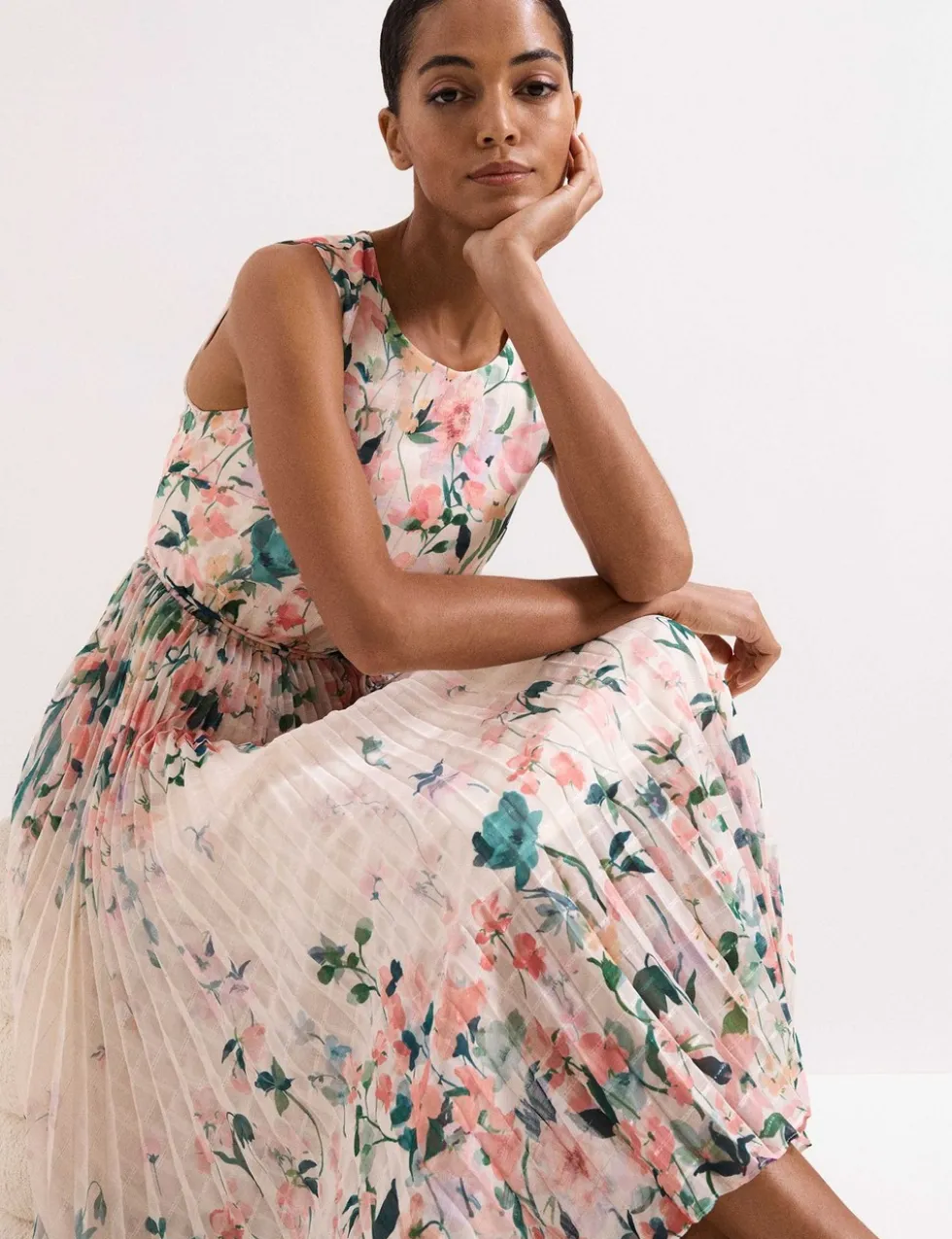 Chiffon Floral Pleated Midi Tea Dress