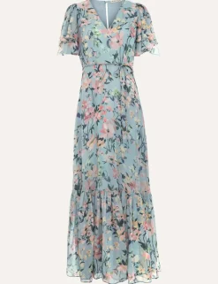 Chiffon Floral V-Neck Angel Sleeve Maxi Waisted Dress