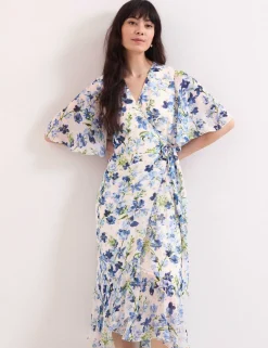 Chiffon Floral V-Neck Midi Wrap Dress