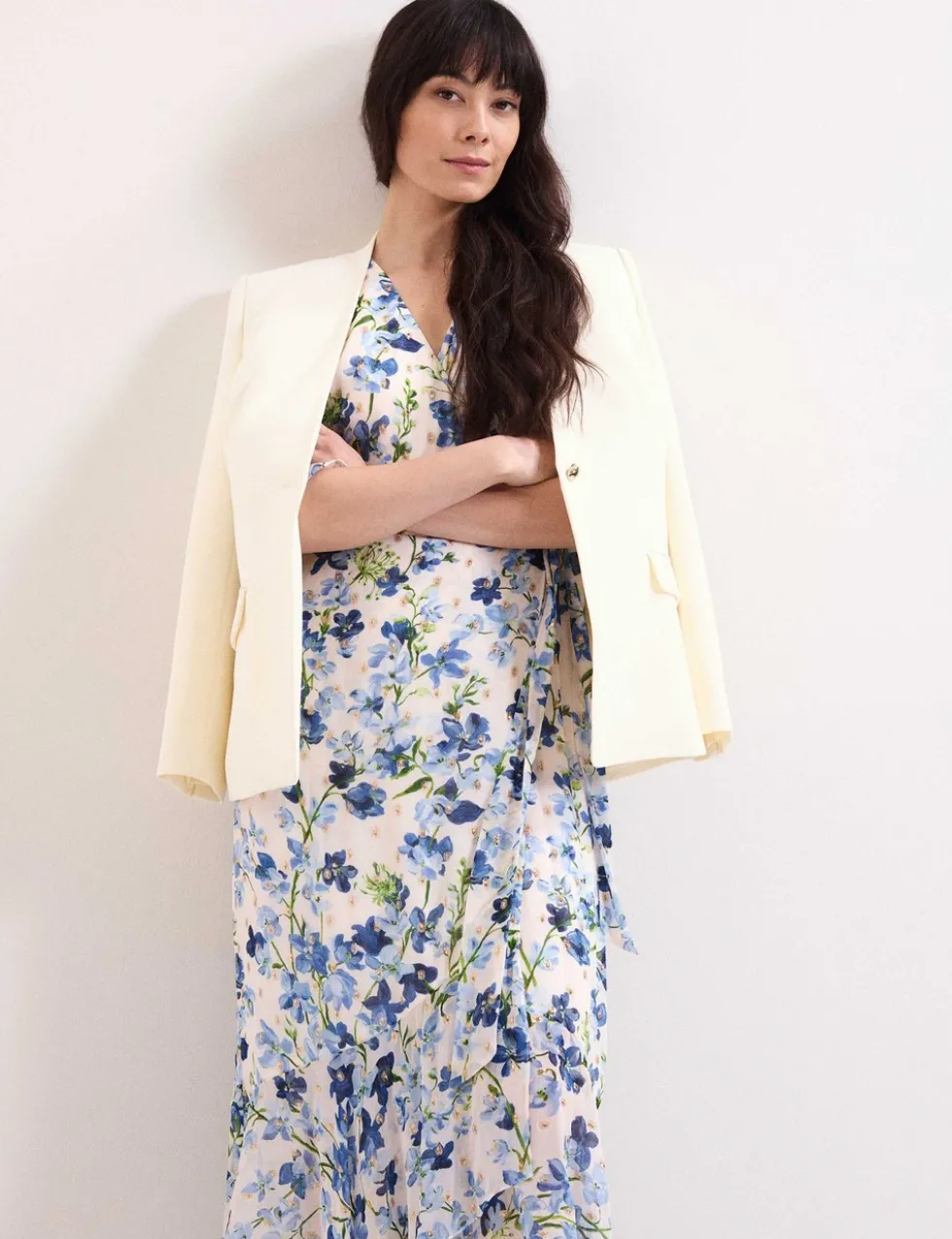 Chiffon Floral V-Neck Midi Wrap Dress