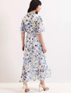 Chiffon Floral V-Neck Midi Wrap Dress