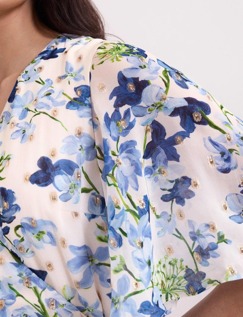 Chiffon Floral V-Neck Midi Wrap Dress