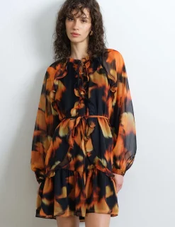 Chiffon Printed Tie Neck Midi Tiered Dress