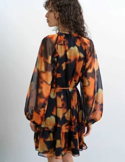 Chiffon Printed Tie Neck Midi Tiered Dress