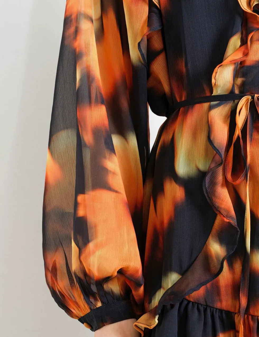 Chiffon Printed Tie Neck Midi Tiered Dress