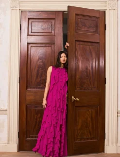 Chiffon Waterfall Ruffle Maxi Column Dress