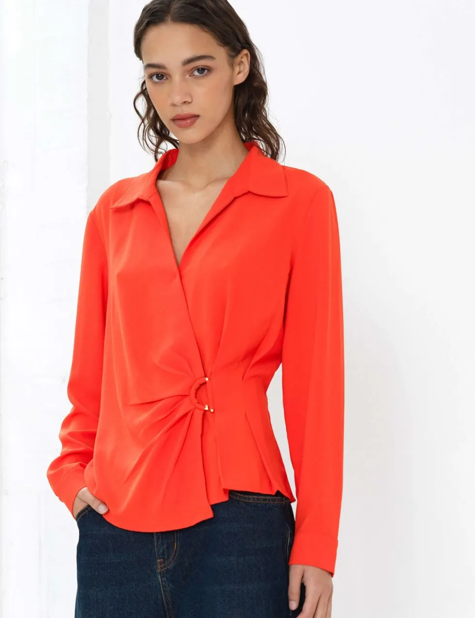 Collared Waisted Wrap Detail Blouse