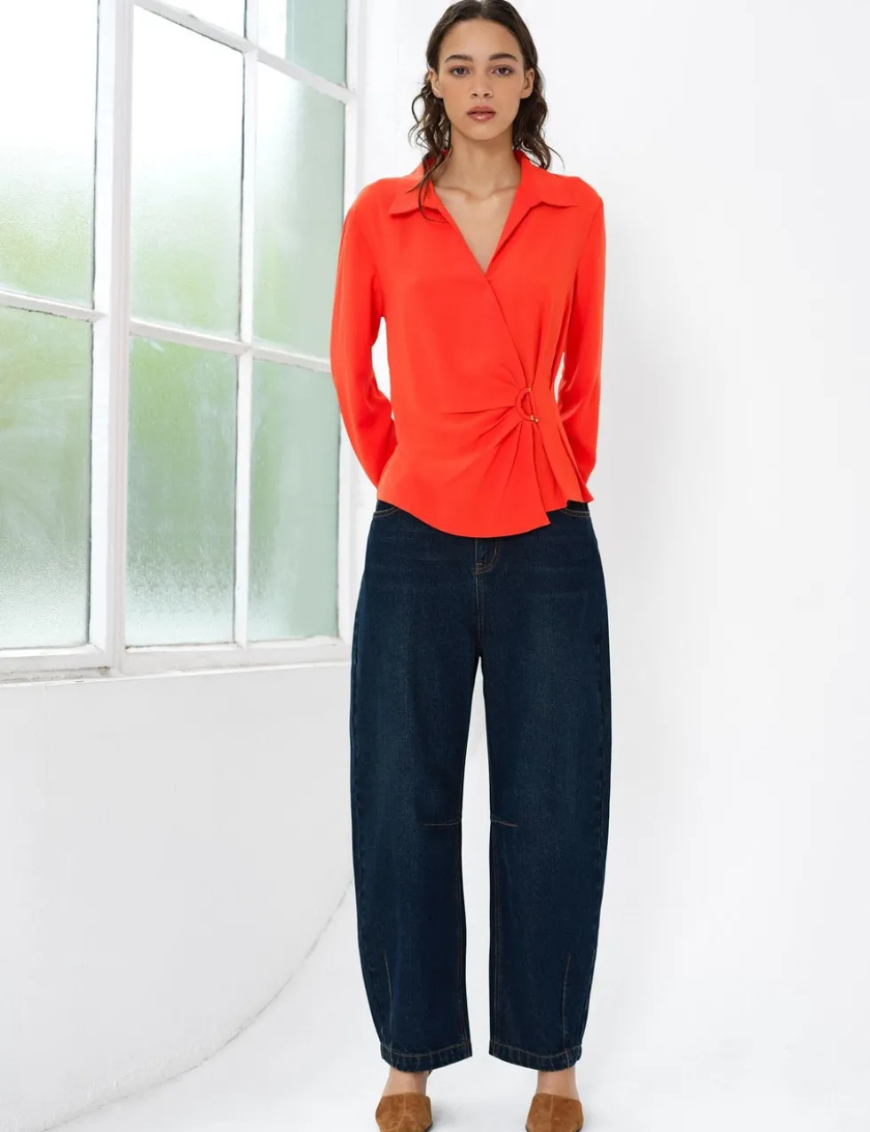 Collared Waisted Wrap Detail Blouse