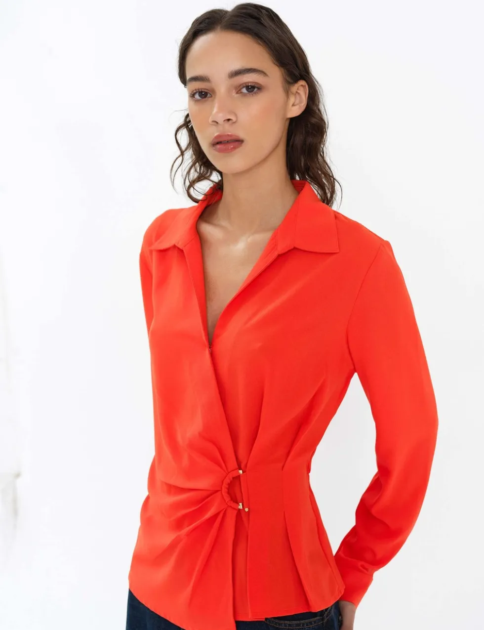 Collared Waisted Wrap Detail Blouse