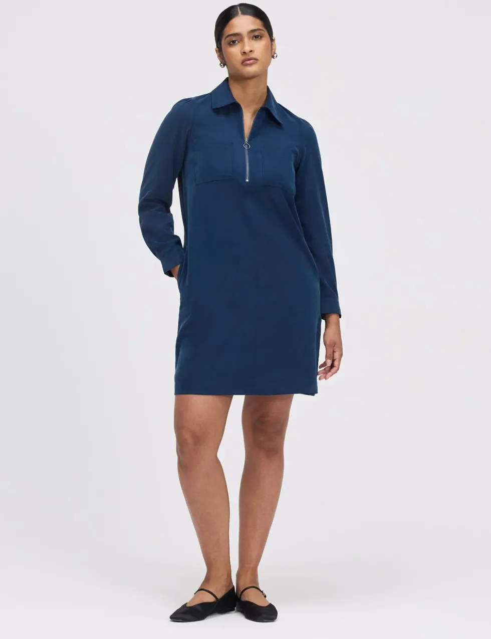 Collared Zip Up Mini Shirt Dress