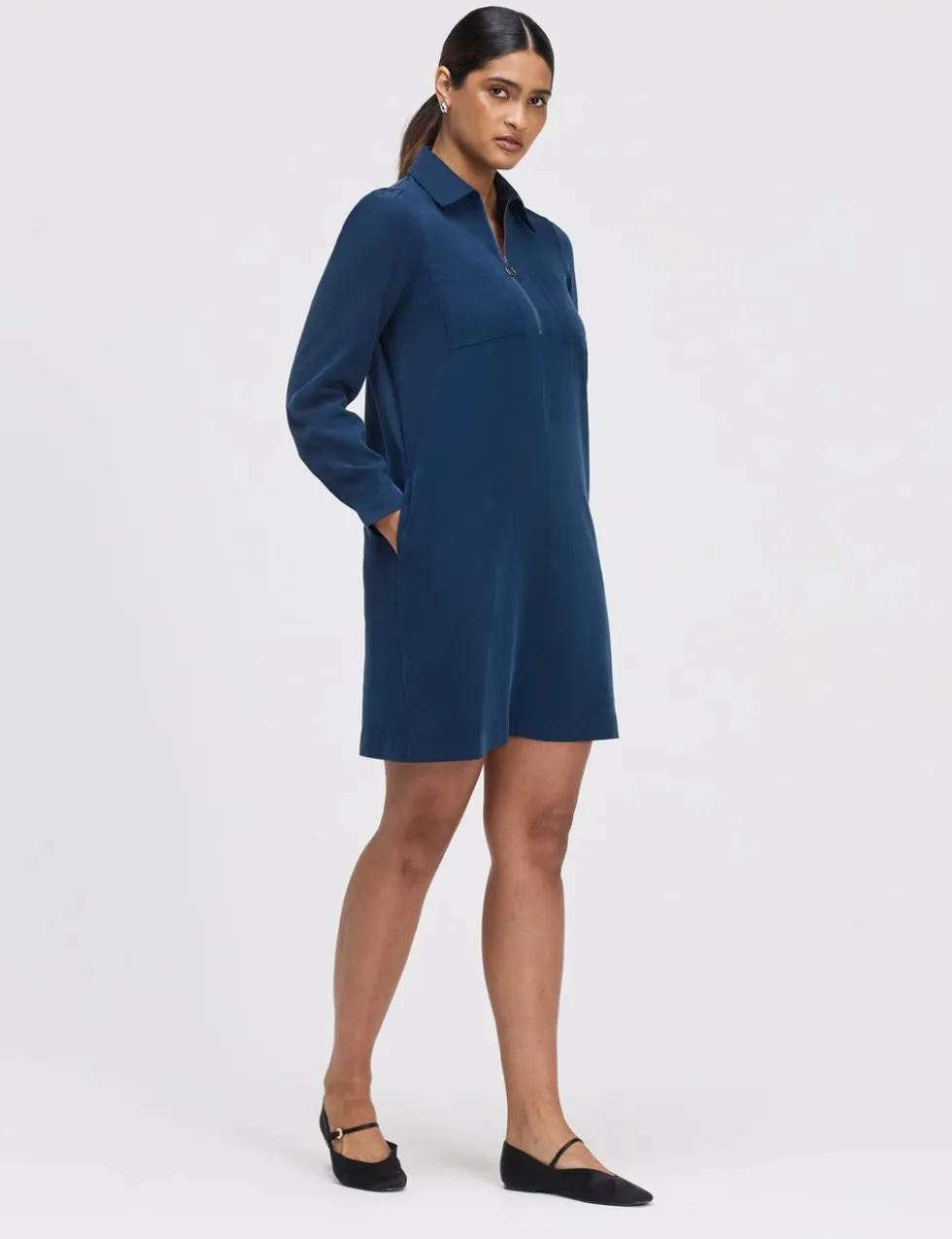 Collared Zip Up Mini Shirt Dress