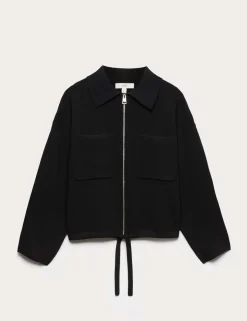 Collared Zip Up Relaxed Knitted Jacket