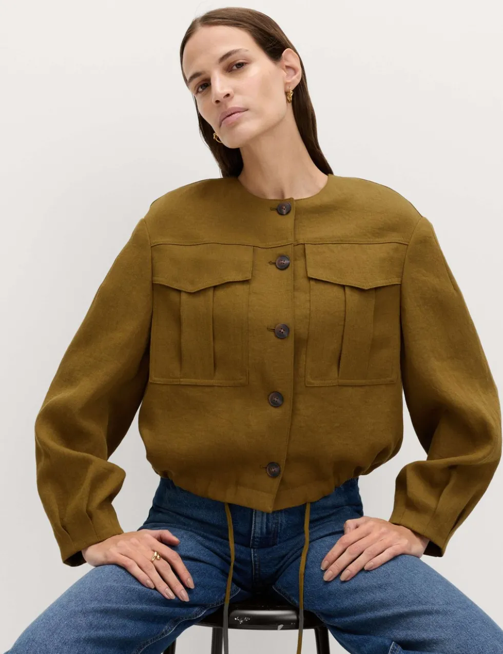Collarless Utility Jacket With Linen
