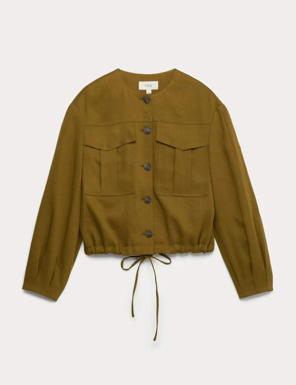 Collarless Utility Jacket With Linen