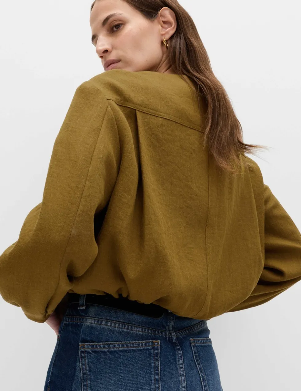 Collarless Utility Jacket With Linen